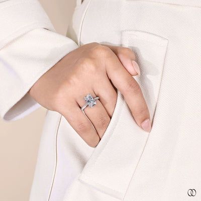 Hidden halo radiant cut lab grown diamond ring with pave band
