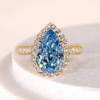 Vivid Blue Pear Cut Diamond Ring With Halo Style Unique Gift