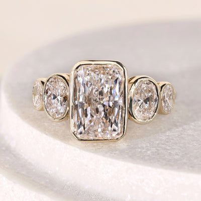 5 stone diamond ring radiant cut bezel set ring
