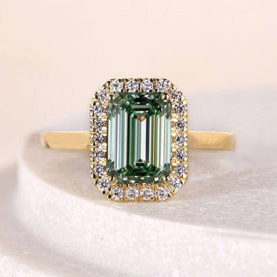 emerald green diamond ring halo yellow gold
