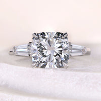 Three Stone Tapered Baguette & Cushion Cut Engagement Ring