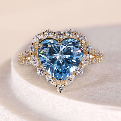 heart shaped diamond ring vivid blue halo ring
