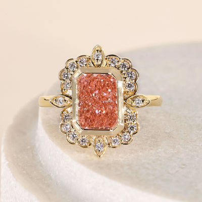 pink diamond ring radiant cut halo gold ring
