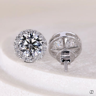 lab grown round diamond halo earrings in white gold
