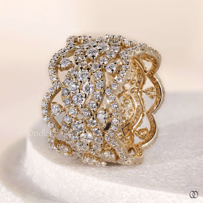 designer band yellow gold moissanite wedding band
