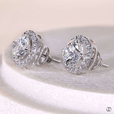 classic round diamond halo stud earrings white gold
