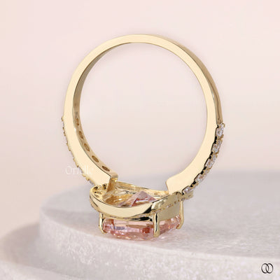 Cushion cut diamond ring with halo and pave band
