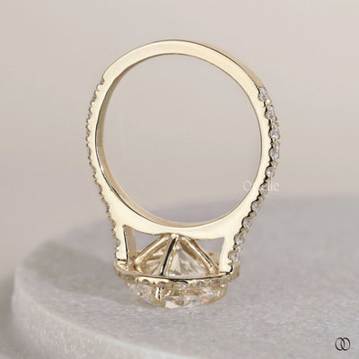 Handmade ring crafted as round diamond halo engagement ring
