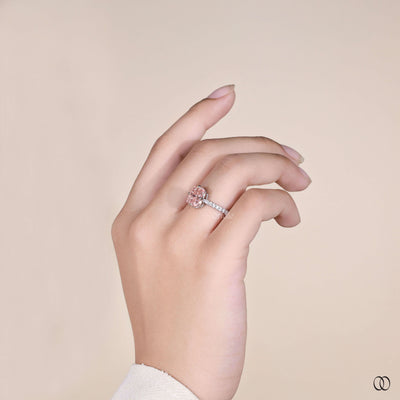 Lab grown elongated cushion cut diamond ring with hidden halo
