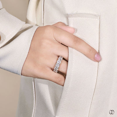 radiant moissanite band shared prong gold ring
