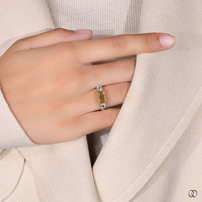 yellow gold ring radiant cut three stone ring
