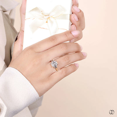 three stone radiant diamond yellow gold ring
