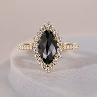 Rose Cut Halo Set Black Moissanite Marquise Engagement Ring