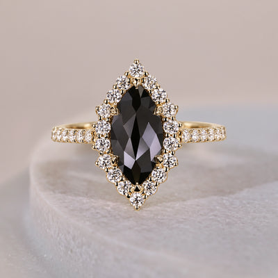 Rose Cut Halo Set Black Moissanite Marquise Engagement Ring