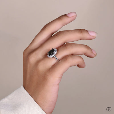 Salt And Pepper Oval Cut Starburst Halo Engagement Ring