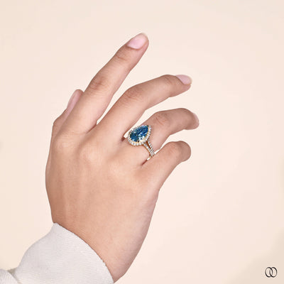 handmade ring blue diamond halo engagement ring
