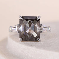 Radiant Rose Cut Salt And Pepper Three Stone Engagement Ring For Gift