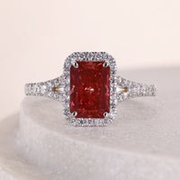Split Pave Radiant Cut Red Diamond Ring Unique Halo Set