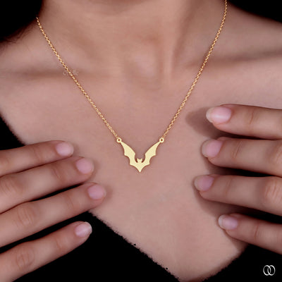 14K Yellow Gold Bat Wing Gothic Style Pendant Gift For Her
