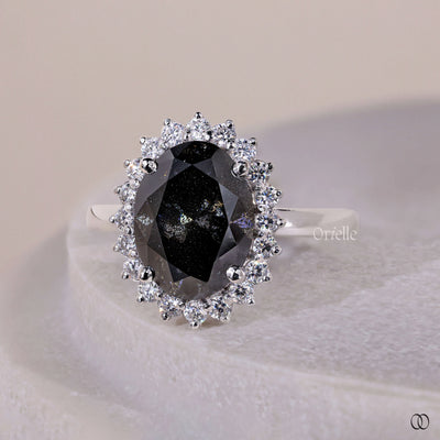 Salt And Pepper Oval Cut Starburst Halo Engagement Ring