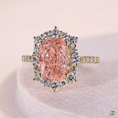 14K Yellow Gold Cluster Set Halo Elongated Cushion Cut Ring