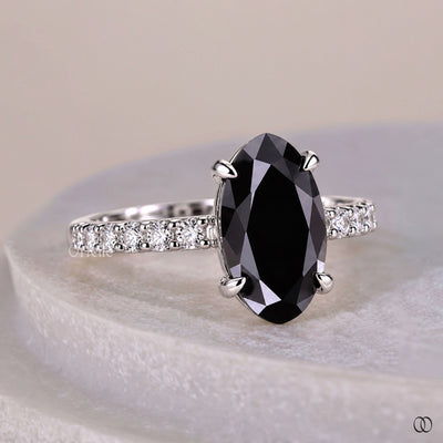 14k Moval Cut Black Moissanite ring With Prong And Pave Set