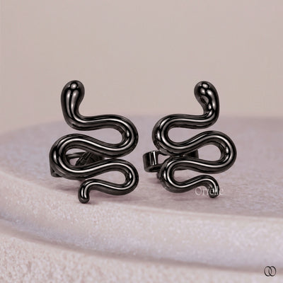 Designer Snake Stud Black Metal Gold Earrings