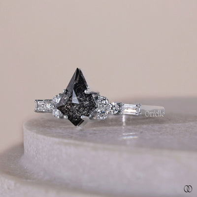 Salt And Pepper Kite Cut Engagement Ring With Side Round And Baguette