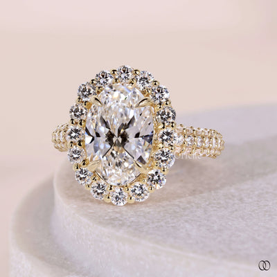 Halo engagement ring with sparkling diamond halo details
