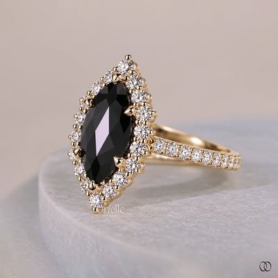 Rose Cut Halo Set Black Moissanite Marquise Engagement Ring