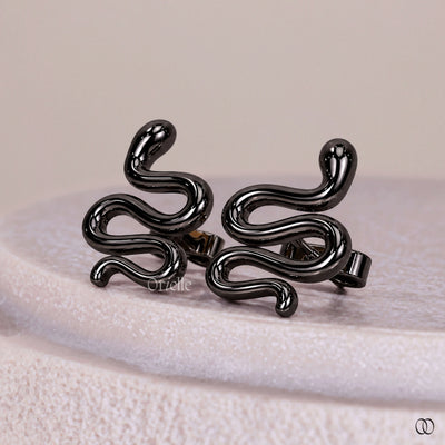 Designer Snake Stud Black Metal Gold Earrings