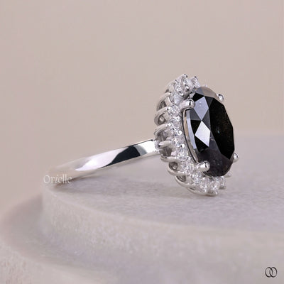 Salt And Pepper Oval Cut Starburst Halo Engagement Ring
