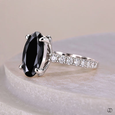 14k Moval Cut Black Moissanite ring With Prong And Pave Set