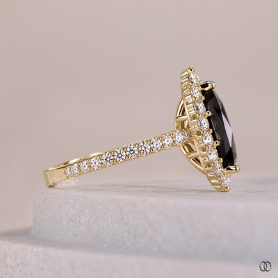 Rose Cut Halo Set Black Moissanite Marquise Engagement Ring