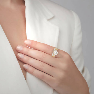 unique design bridal set featuring cushion cut moissanite ring
