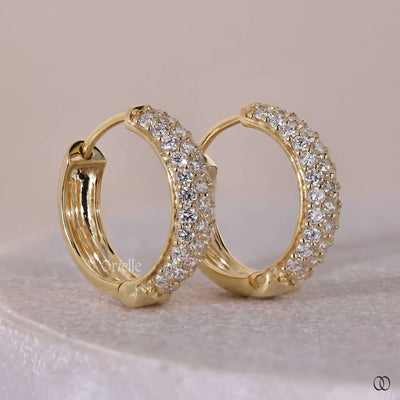 yellow gold earrings round diamond hoop style
