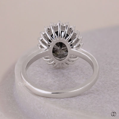 Salt And Pepper Oval Cut Starburst Halo Engagement Ring