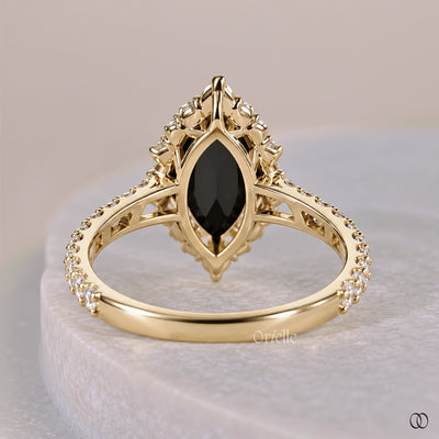 Rose Cut Halo Set Black Moissanite Marquise Engagement Ring