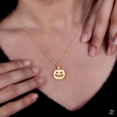 14K Yellow Gold Minimalist Pumpkin Jack O Lantern Pendant