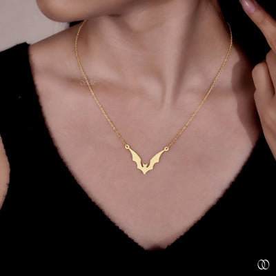 14K Yellow Gold Bat Wing Gothic Style Pendant Gift For Her