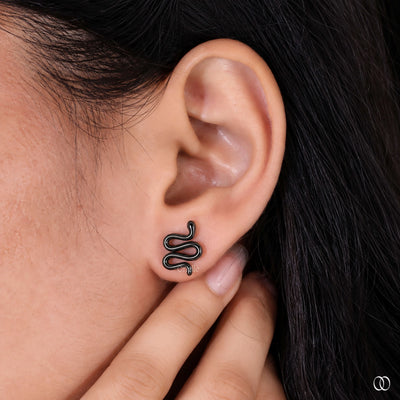 Designer Snake Stud Black Metal Gold Earrings