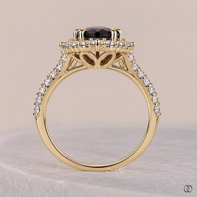 Rose Cut Halo Set Black Moissanite Marquise Engagement Ring