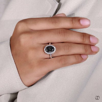 Salt And Pepper Oval Cut Starburst Halo Engagement Ring