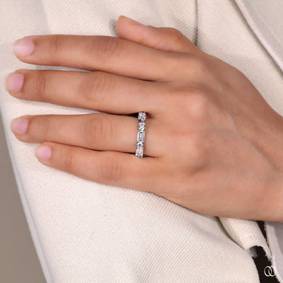 14K White Multi Shape Round And Emerald Cut Wedding Band
