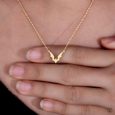 14K Yellow Gold Bat Wing Gothic Style Pendant Gift For Her