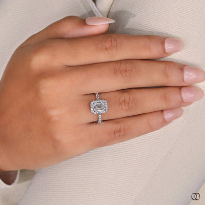 pave band engagement ring emerald diamond ring
