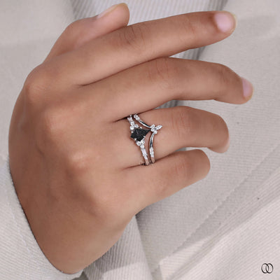 Salt & Pepper Kite Cut Ring With Tiara Round Brilliant Wedding Band