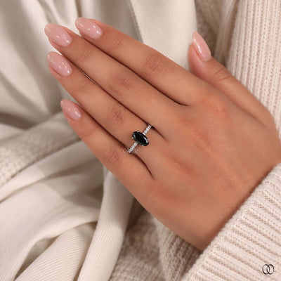 14k Moval Cut Black Moissanite ring With Prong And Pave Set