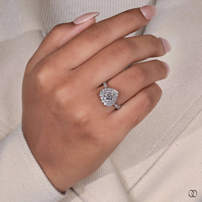 Two Tone Double Halo Heart Cut Engagement Ring