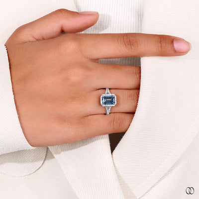 handmade ring blue diamond halo engagement
